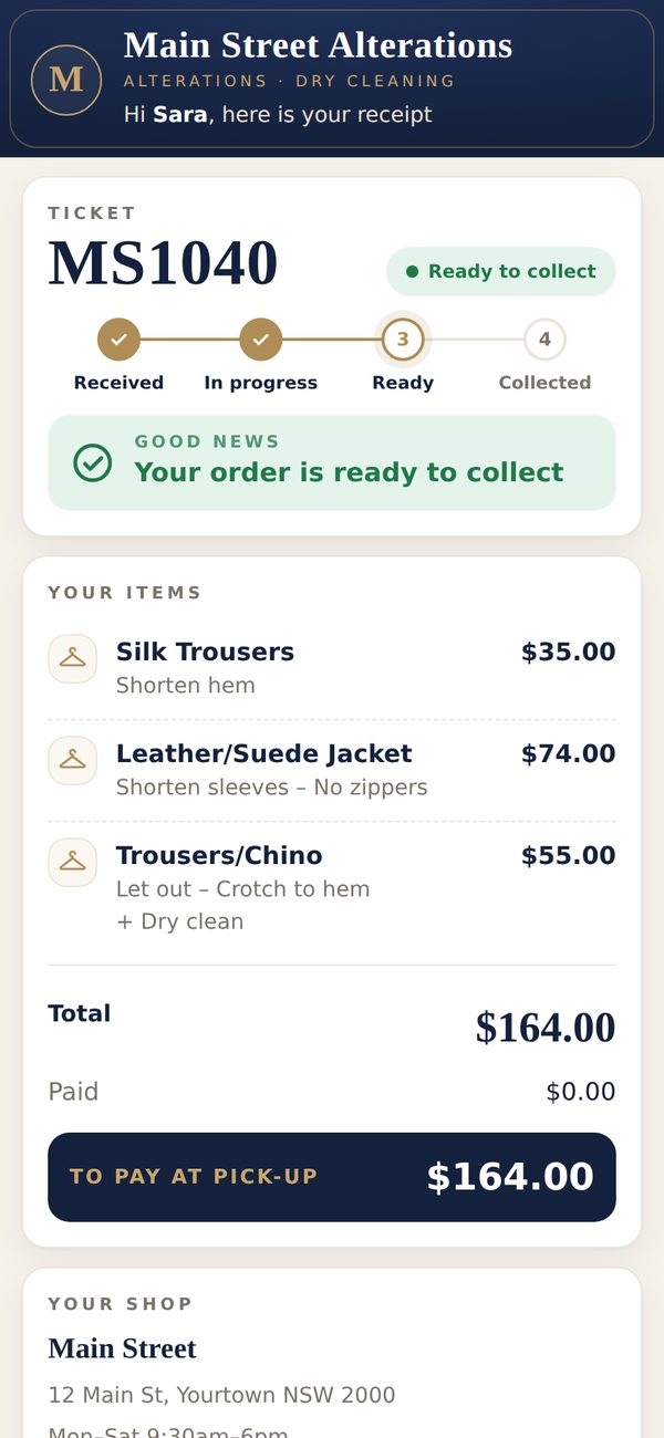 Customer receipt page on a phone